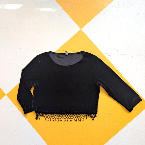 Vintage Y2K Fall Witchy Stretch Velvet Crop Top Bead Fringe Quarter Sleeve - Picture 3 of 9